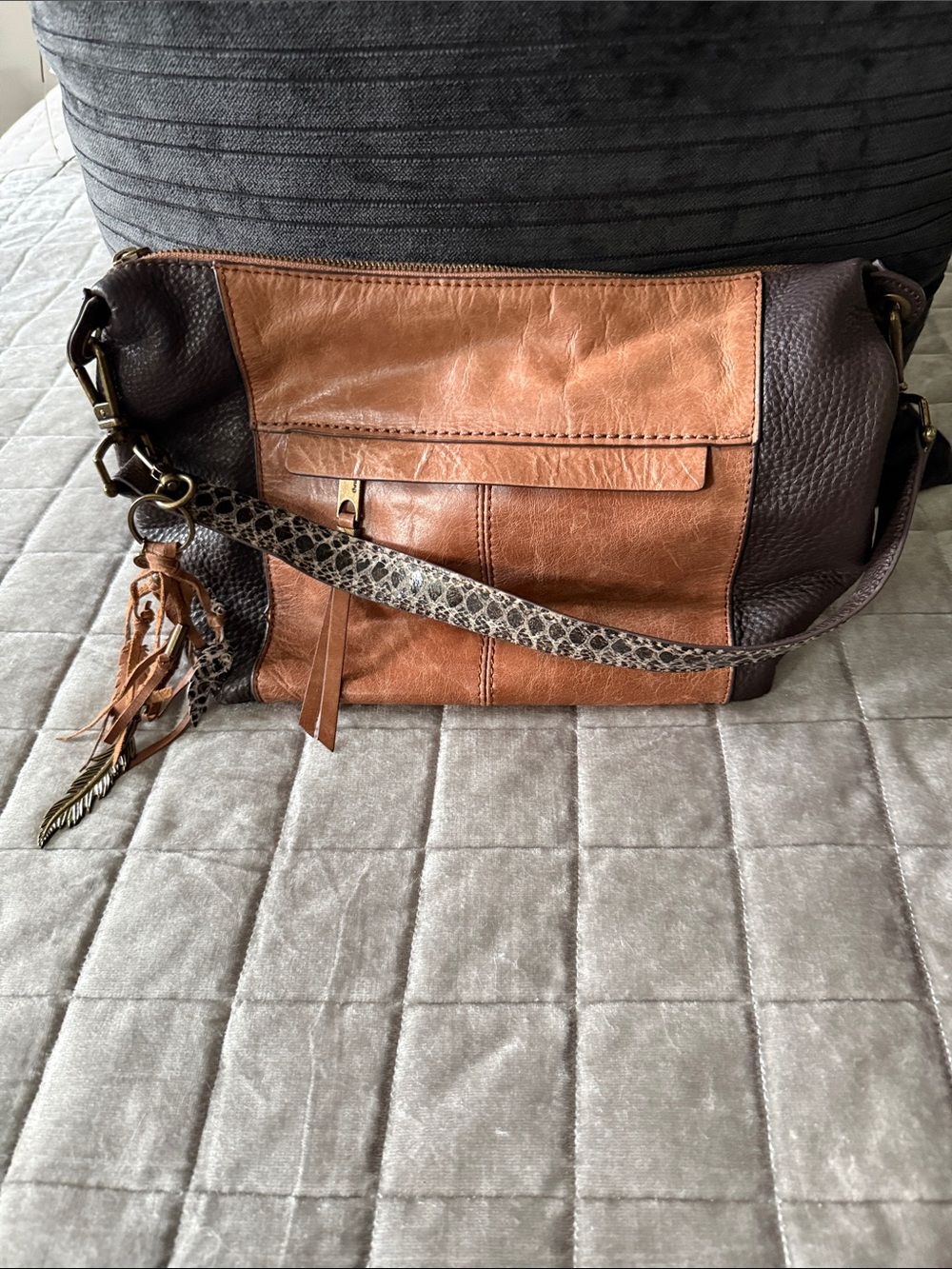 LeSac Two-Tone Brown Leather Crossbody Bag with Tassel and Snake-Print Strap